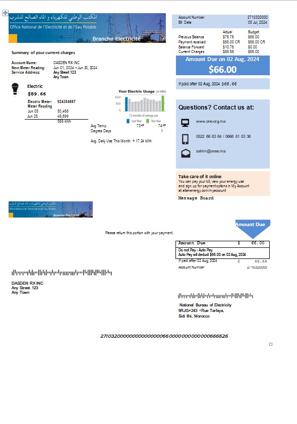 Morocco National Bureau of Electricity business utility bill Word and PDF template PSD template